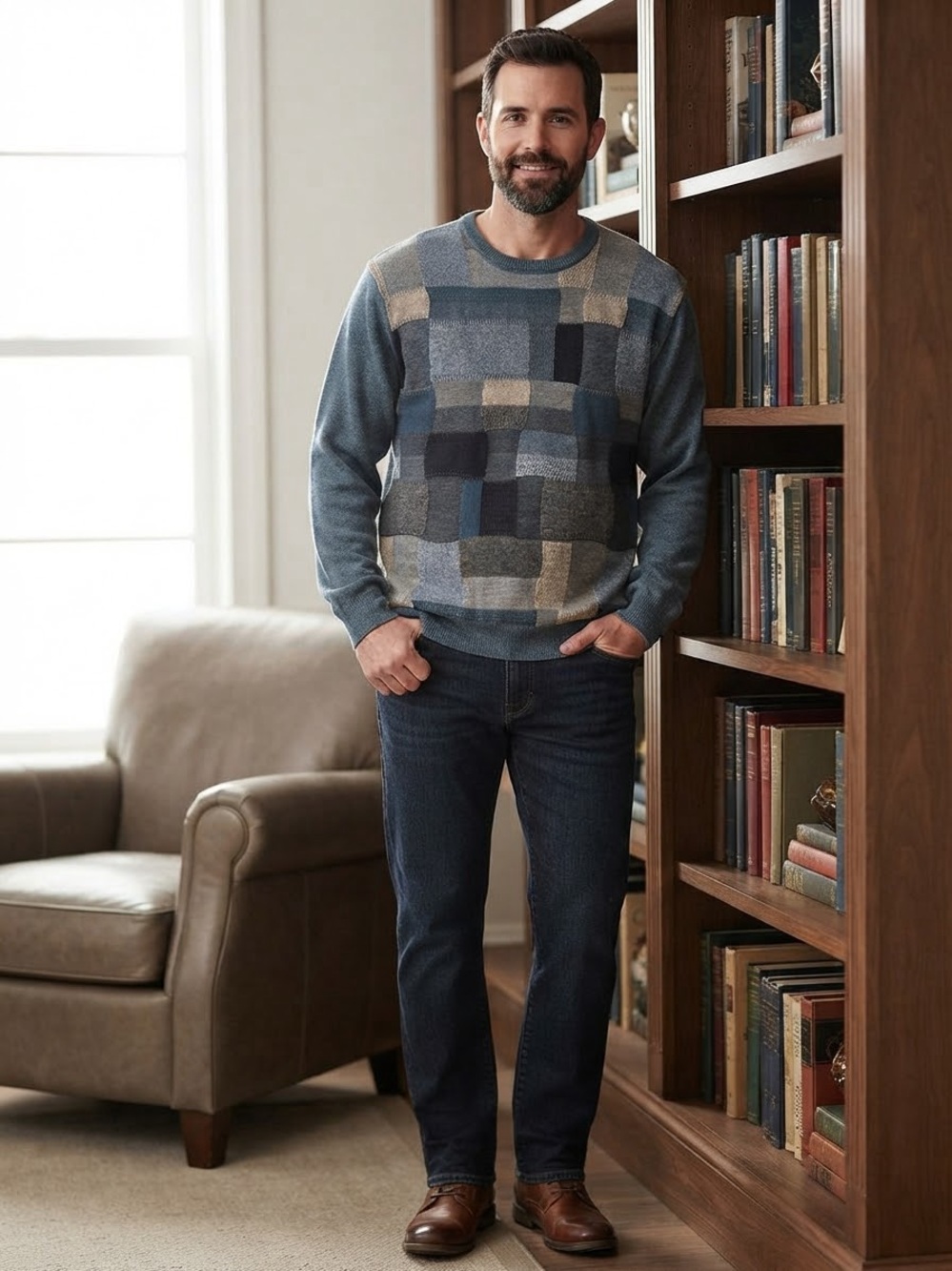 Weatherproof Mens XL Blue Patchwork Crewneck Sweater Long Sleeve Knit Casual